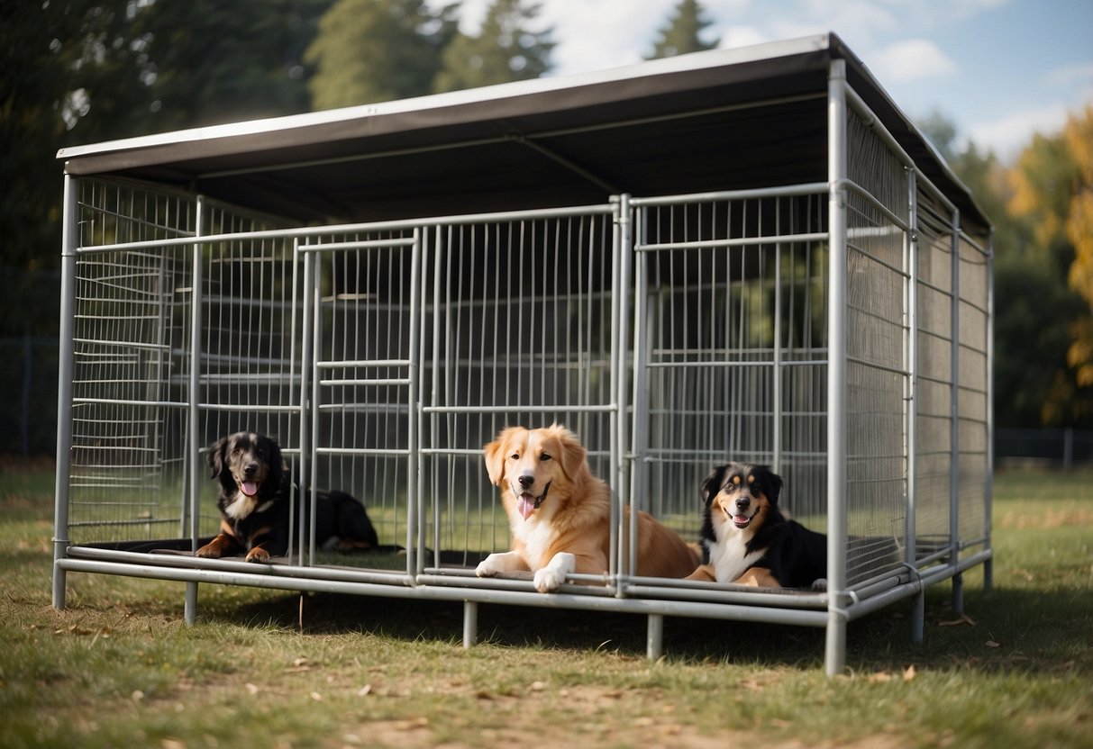 Dogs playing in a spacious outdoor kennel with sturdy fencing, a shaded area, and separate sections for different sized dogs