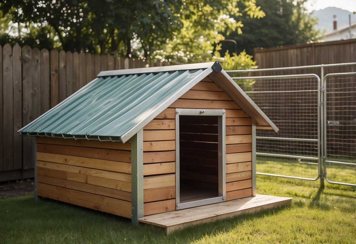 A wooden dog kennel with a sloped roof, surrounded by a sturdy wire mesh fence, nestled in a grassy backyard with a shaded area