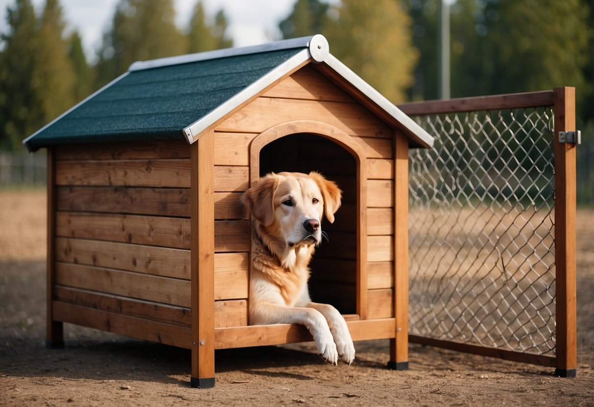 A wooden outdoor dog kennel with a peaked roof, chain-link fencing, and a raised platform for the dog to rest on