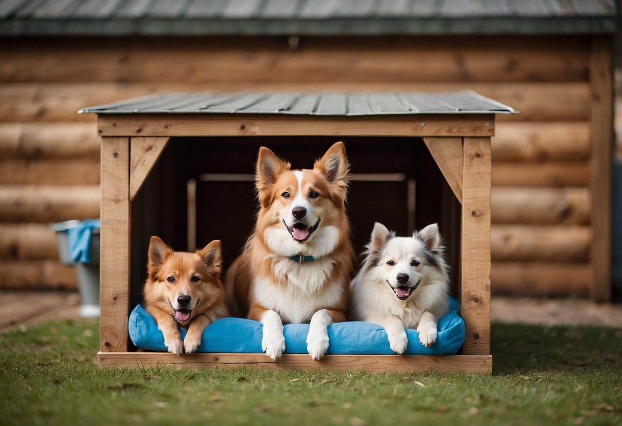 Dogs in a spacious outdoor kennel, surrounded by sturdy wooden walls and a sloped roof, with a comfortable bed and water bowl inside