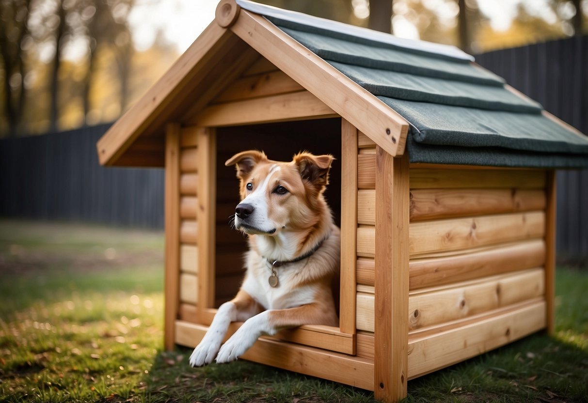 A sturdy wooden dog kennel with a sloped roof, secure latching door, and soft bedding inside for comfort