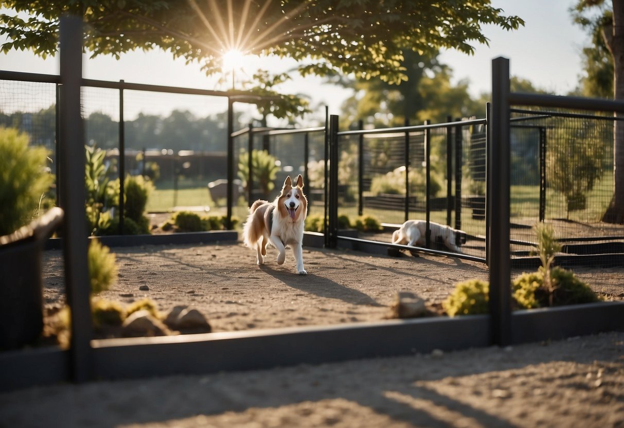 Dogs play in a spacious, fenced outdoor area with agility equipment and interactive toys. The kennel is surrounded by greenery and natural elements for enrichment and exercise