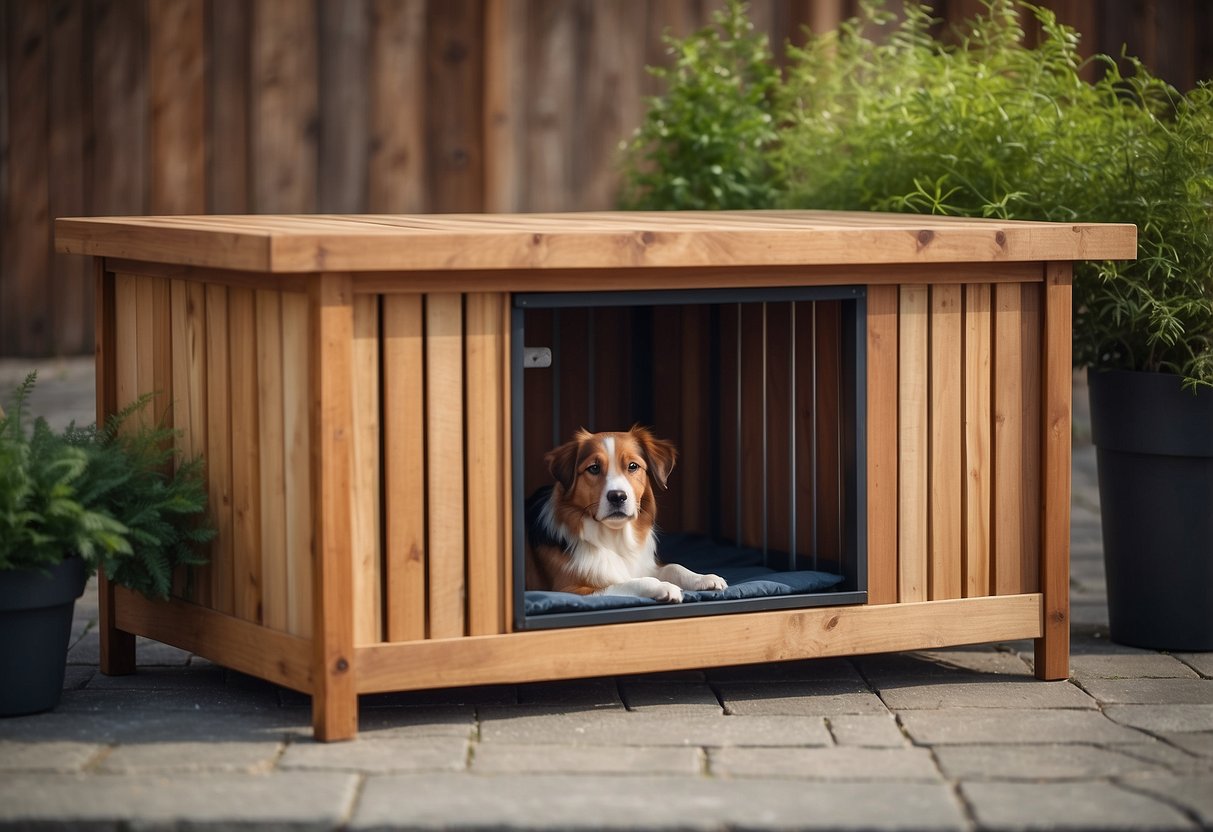 A wooden outdoor dog kennel with a personalized nameplate and colorful paint. Decorative touches like hanging plants and cozy bedding add a stylish touch