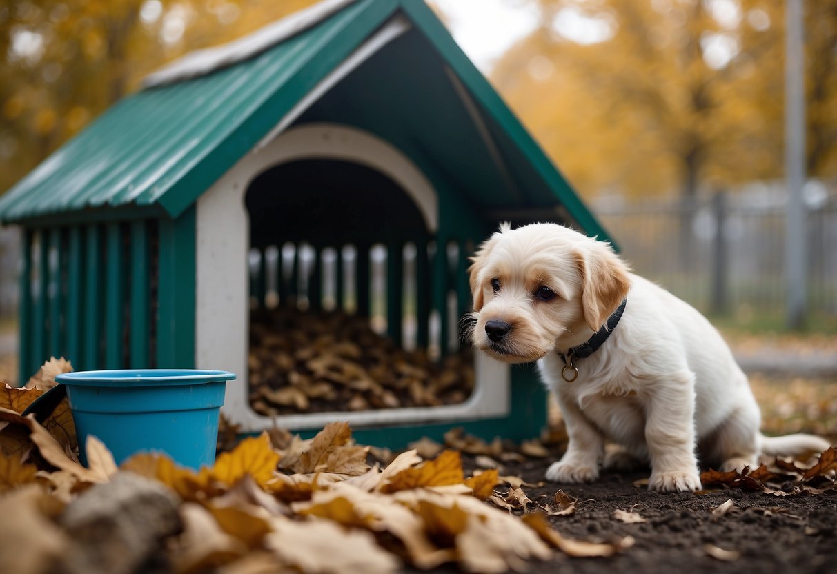 A person sweeps leaves and debris from a spacious outdoor dog kennel. A bucket and hose sit nearby for cleaning. A homemade doghouse and toys are visible in the background