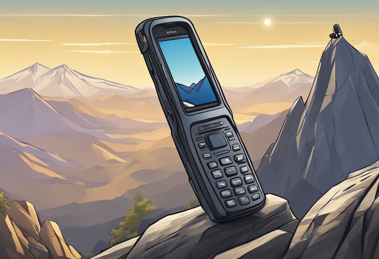 A satellite phone sits on a rugged mountain peak, with clear signals and no need for cellular towers. In the distance, a mobile phone struggles with weak reception and limited coverage