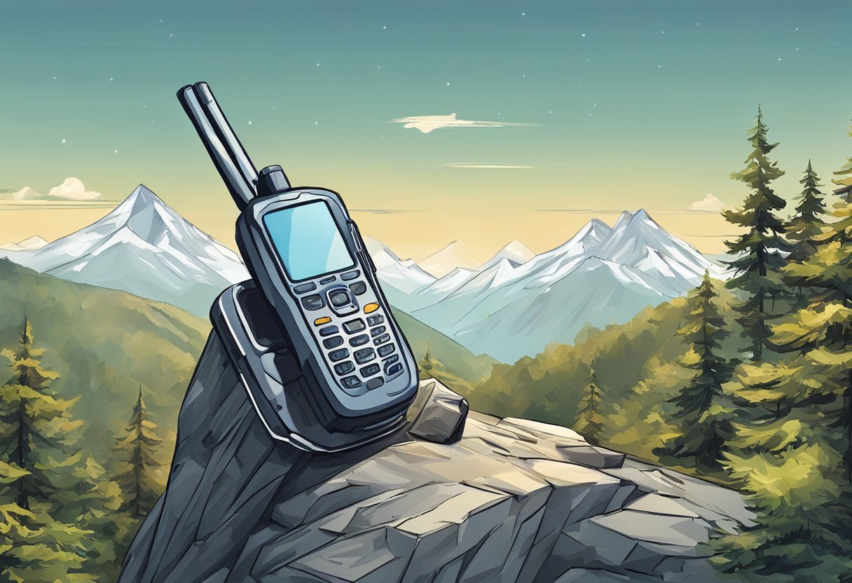 A satellite phone sits on a rugged mountain peak, with a clear view of the sky. Nearby, a mobile phone struggles to find a signal in a dense forest