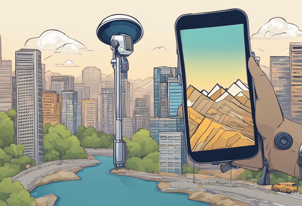 A satellite phone sits atop a mountain peak, clear skies and rugged terrain surrounding it. A mobile phone is shown in a bustling city, surrounded by tall buildings and busy streets