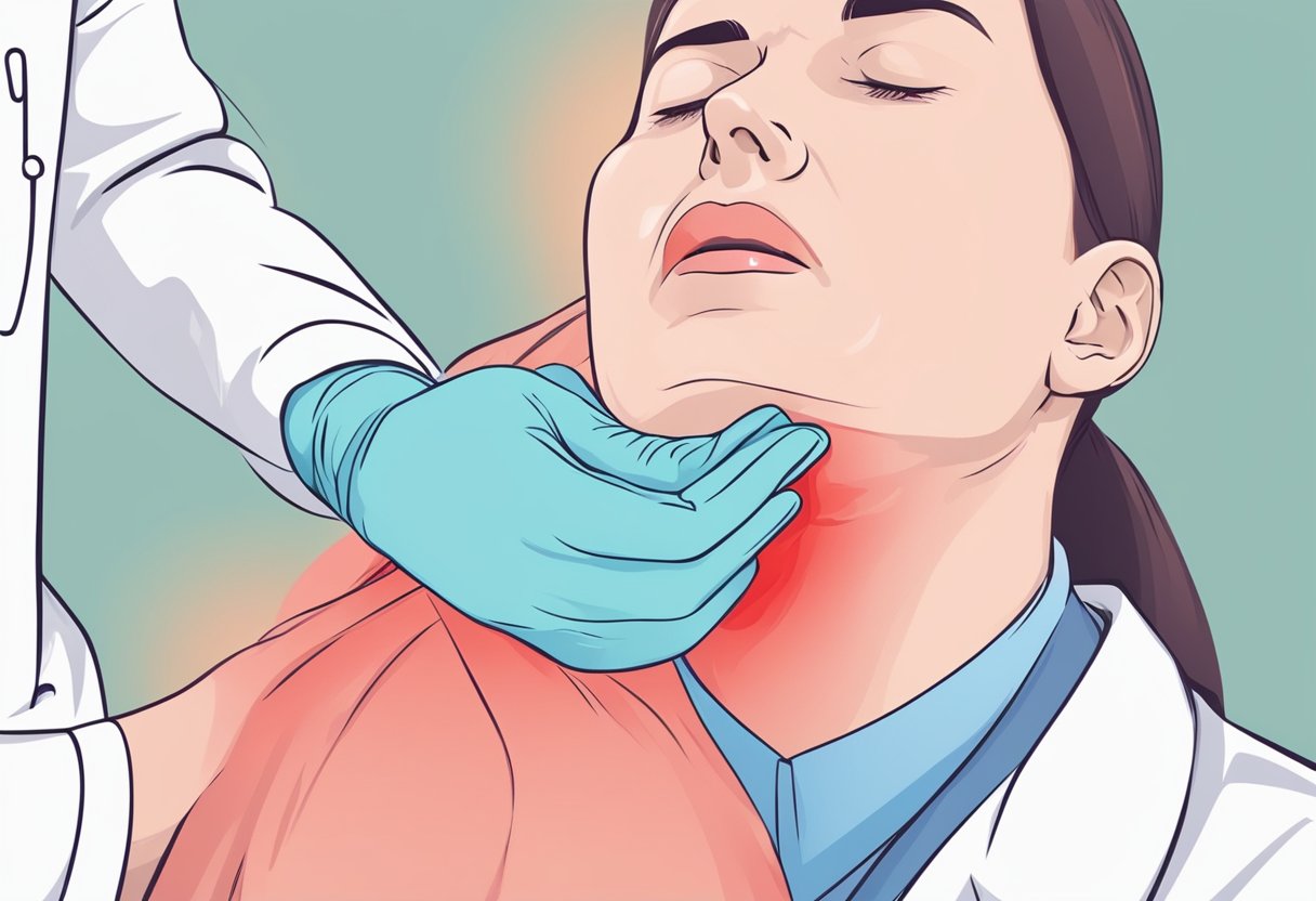 A red, inflamed lump on the neck. A person feeling persistent pain and difficulty swallowing. A doctor performing a biopsy