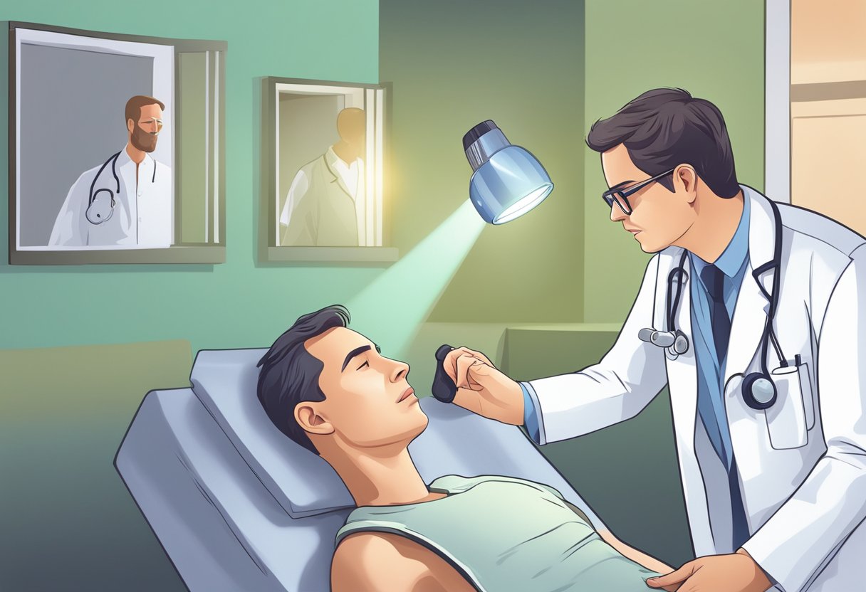 A doctor examines a patient's neck, using a flashlight to check for any abnormalities. A poster on the wall promotes early detection and prevention of neck cancer