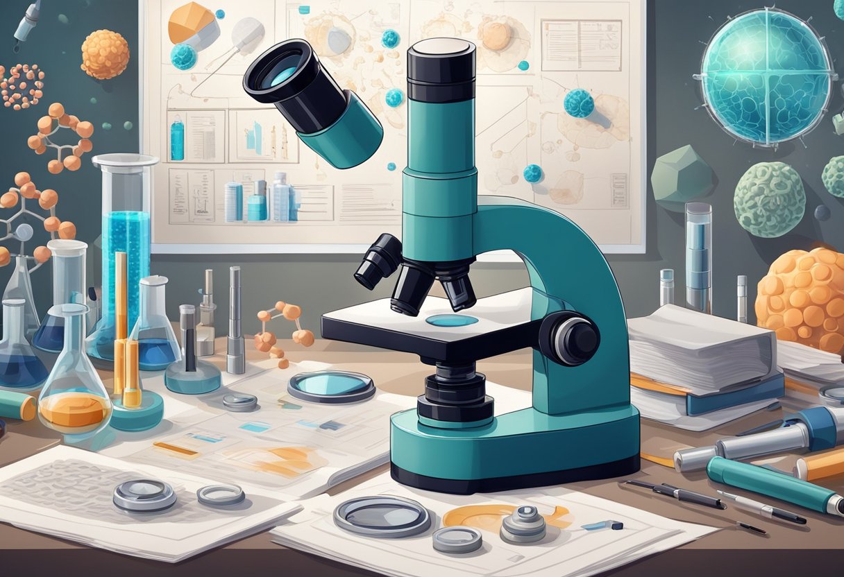 A microscope zooms in on cancer cells, surrounded by scientific equipment and research papers on neck cancer