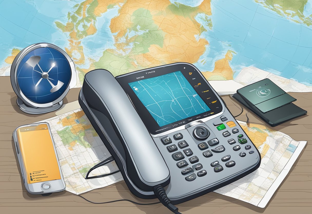 Satellite phones and plans arranged on a desk with a world map in the background