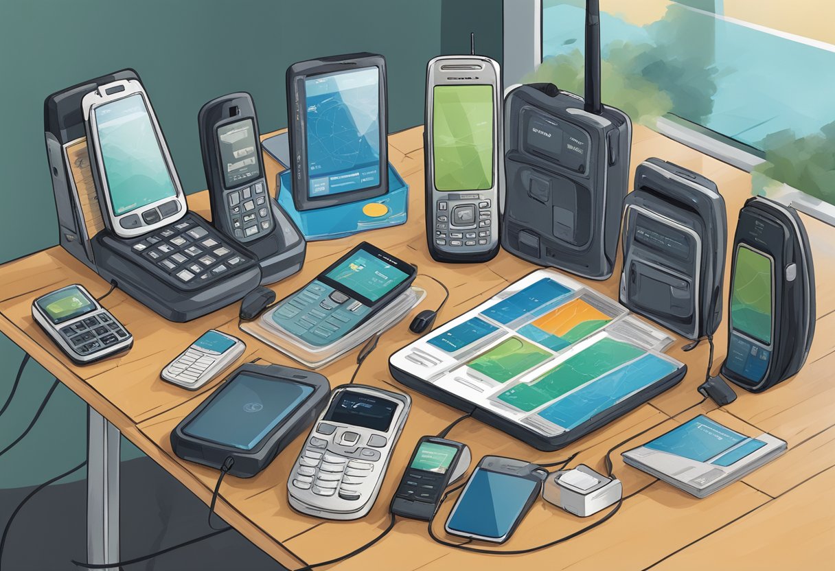 A satellite phone sitting on a table, surrounded by different phone plans and coverage options