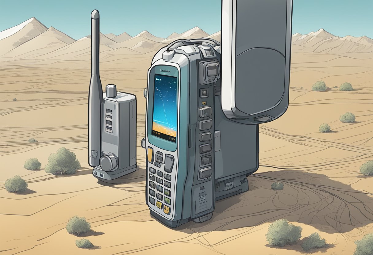 A satellite phone emitting a signal, being tracked by a monitoring system