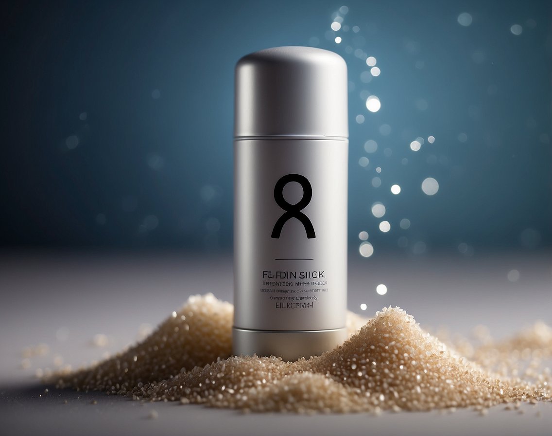 A deodorant stick surrounded by silica particles, with a question mark hovering above