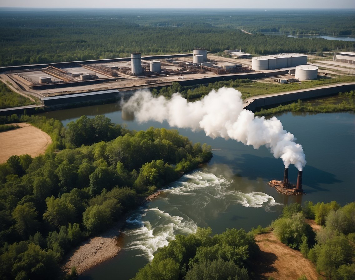 A factory emitting pollution while dumping harmful chemicals into a river, with a list of unethical ingredients in the foreground