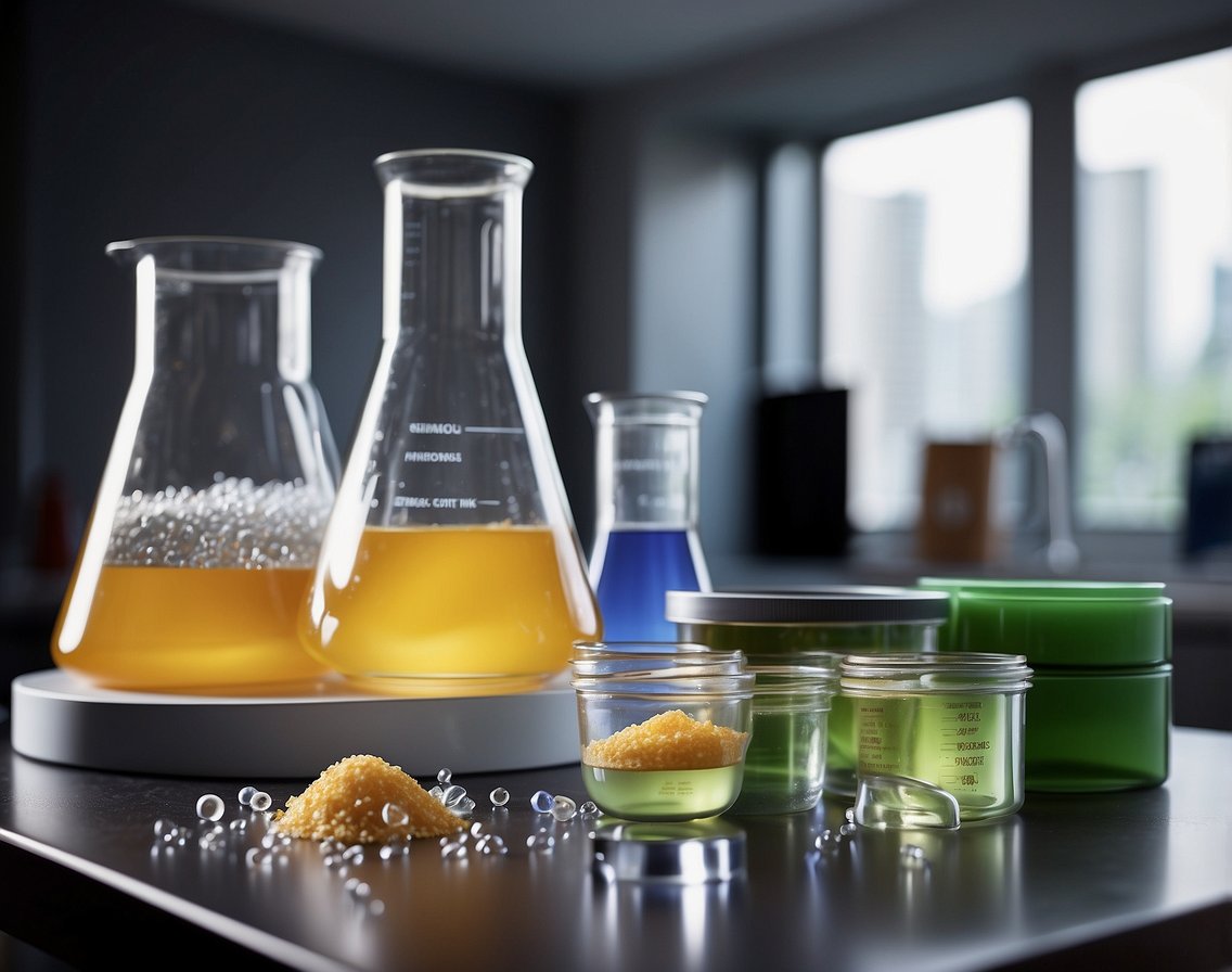 A laboratory table with various chemical compounds and equipment, including a beaker of liquid and a chart of different base ingredients for deodorants