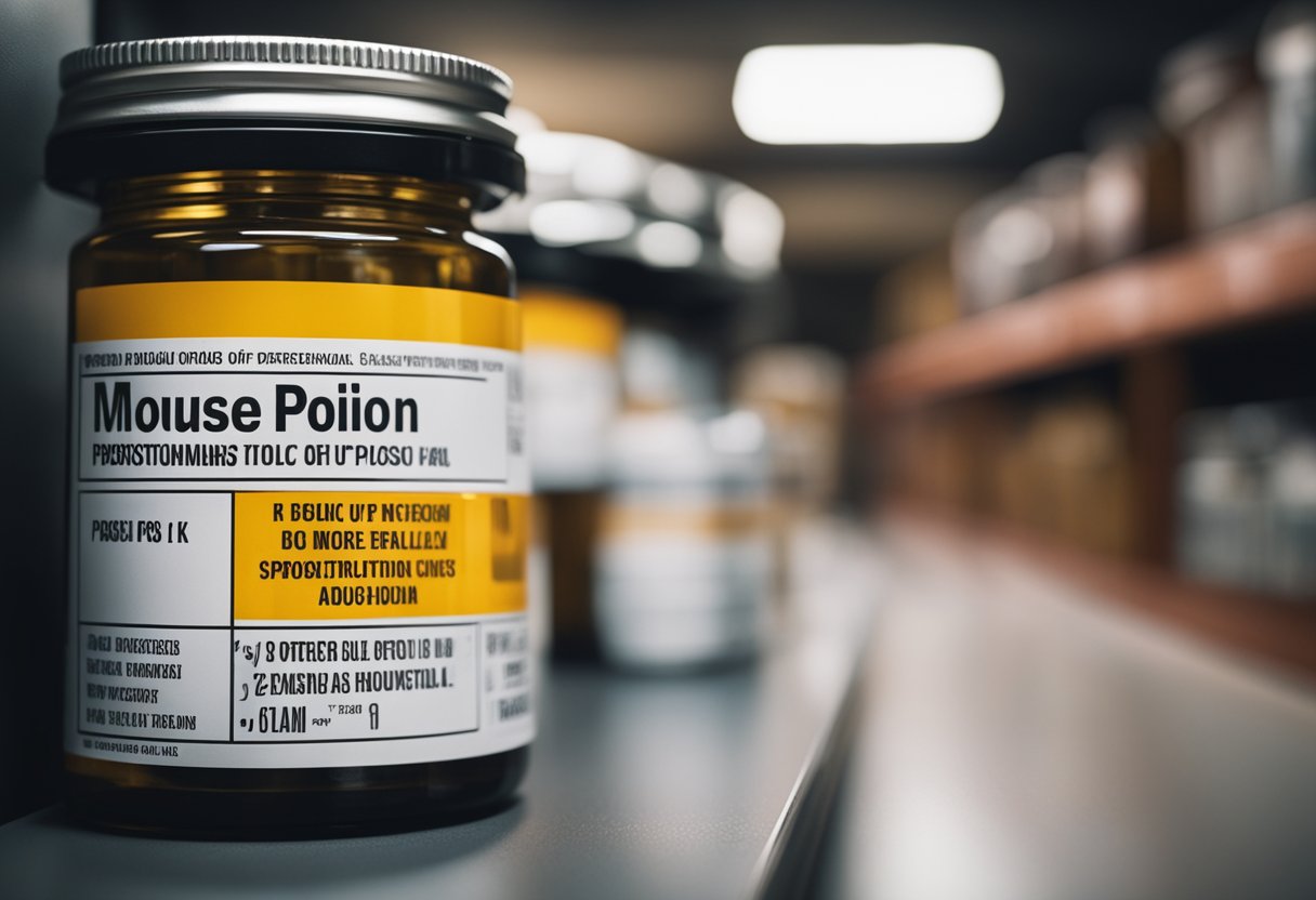 A small container of mouse poison sits on a high shelf, with a warning label and instructions written in bold letters