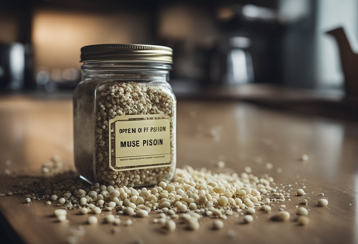 An open jar of mouse poison sits on a kitchen counter, surrounded by scattered crumbs and a trail of tiny footprints