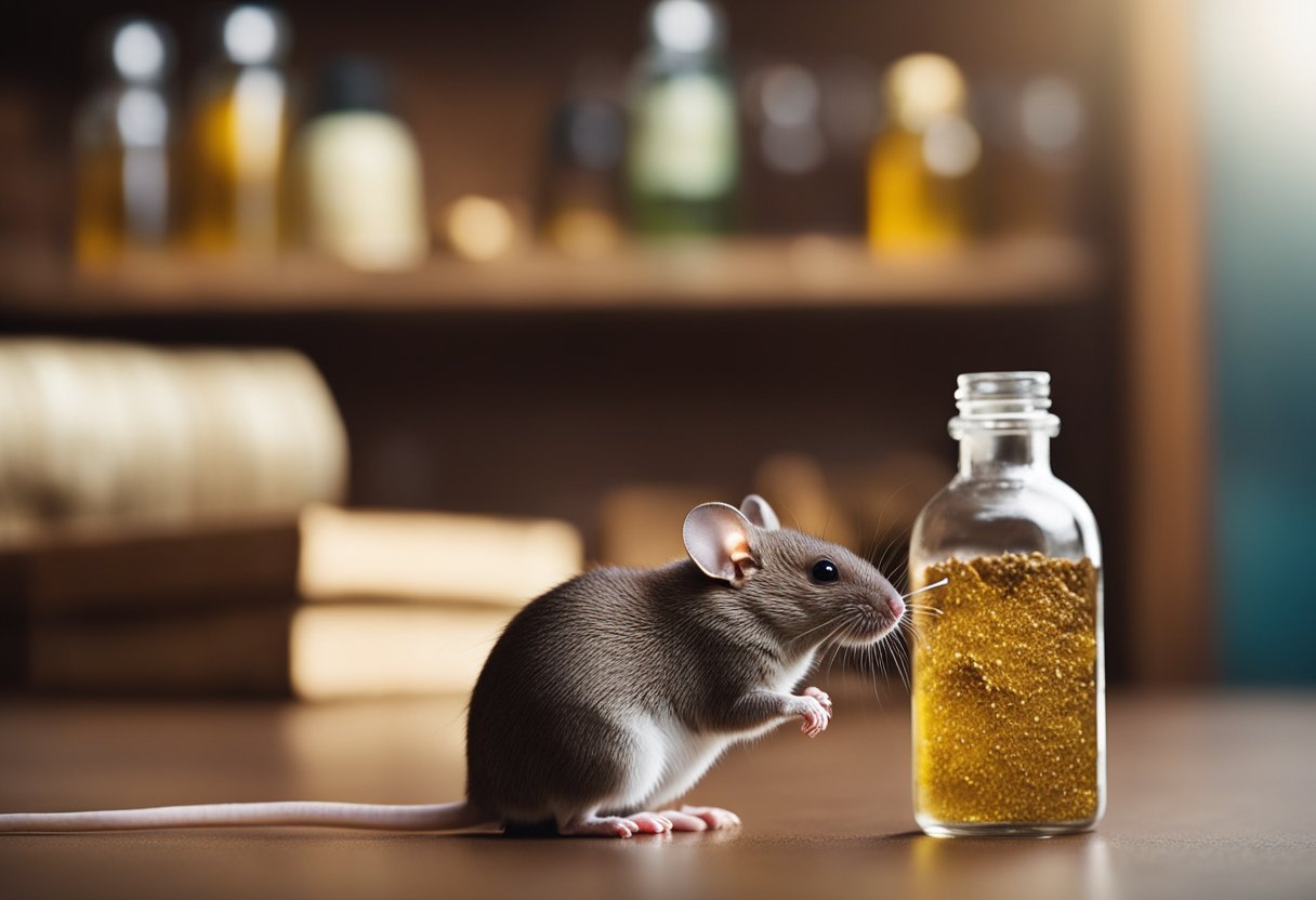 A mouse sitting near a bottle of mouse poison with a question mark above its head