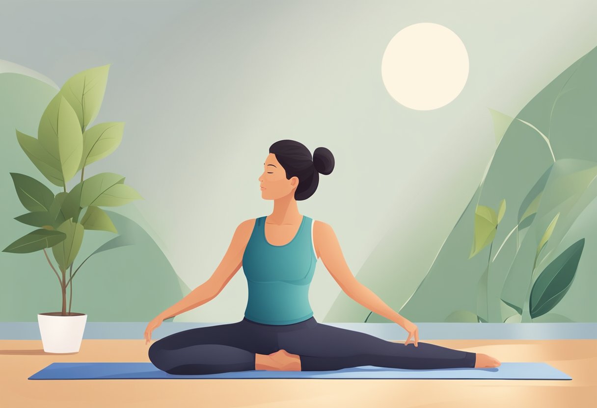 A person performing 6 stretches to ease lower back pain. Stretching on a yoga mat with a serene background