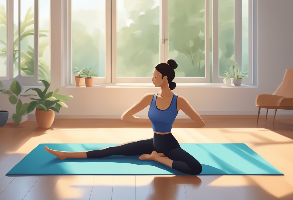 A figure lies on a yoga mat, stretching their legs and hips in various positions. The room is filled with natural light, creating a peaceful and serene atmosphere