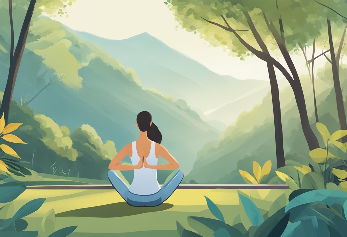 A person stretches in a peaceful setting, surrounded by nature. They perform six simple stretches to ease lower back pain, focusing on their posture and lifestyle adjustments