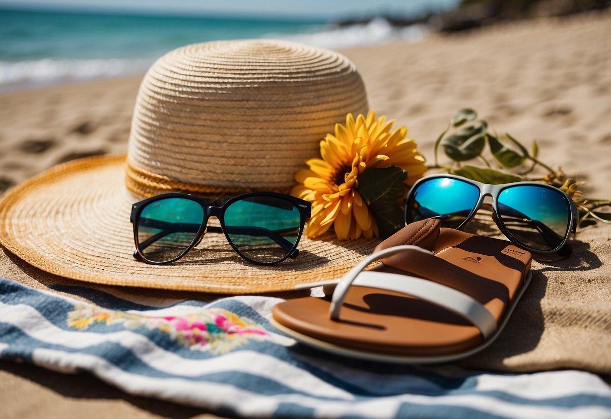 Colorful sundresses, straw hats, and sandals scattered on a beach towel. A pair of sunglasses and a book lying nearby