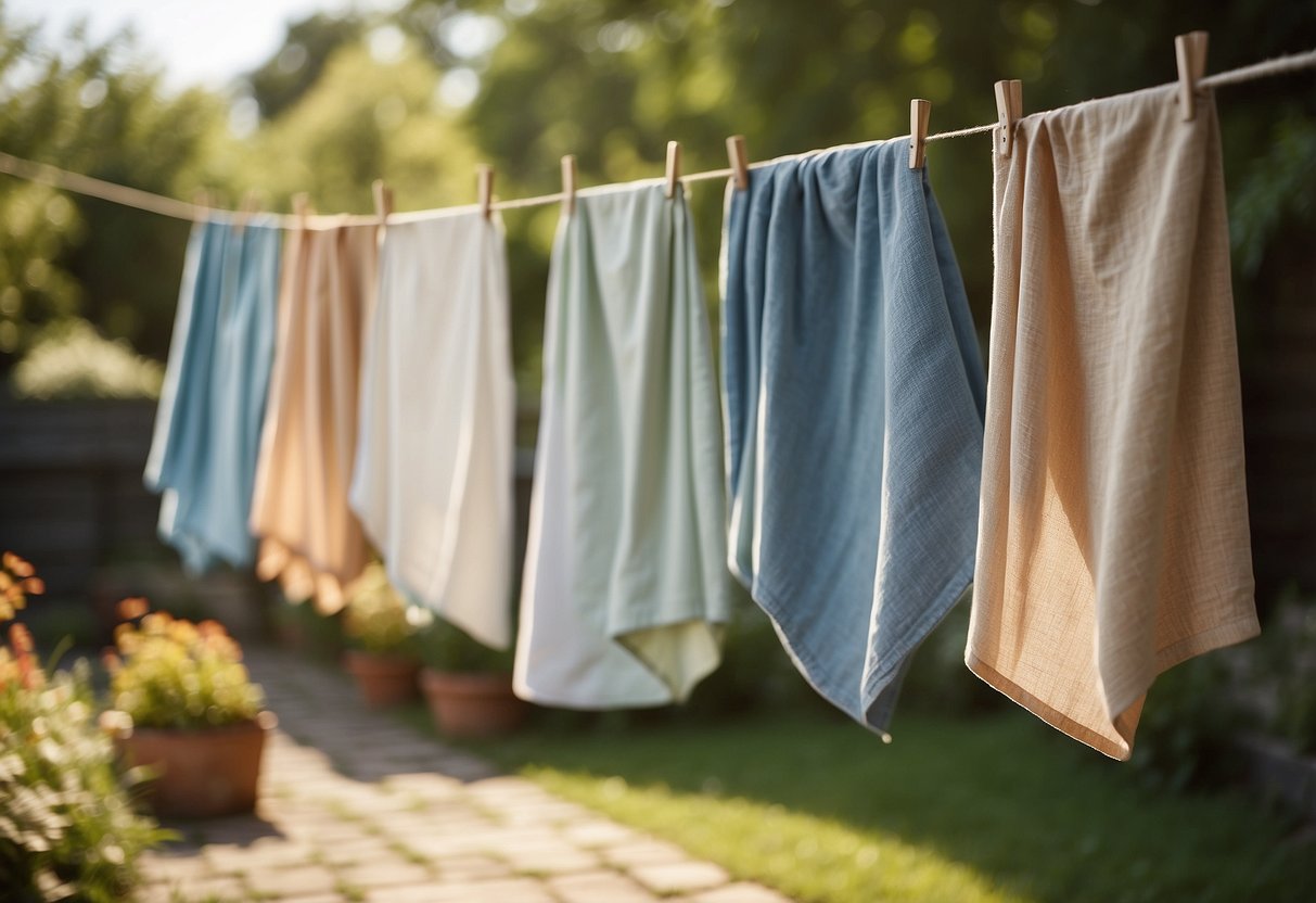 Bright, airy cotton and lightweight linen fabrics, in pastel and vibrant colors, draped over a clothesline in a sunny garden