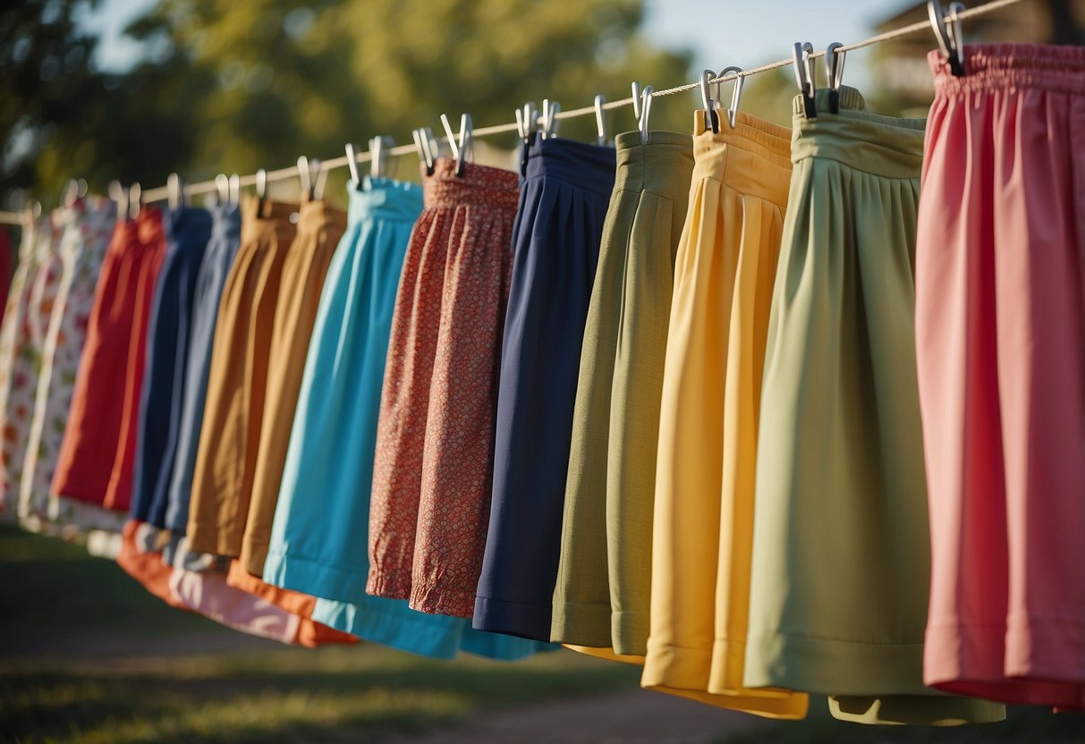 A colorful array of shorts, skirts, and lightweight pants on a clothesline, swaying in the warm breeze