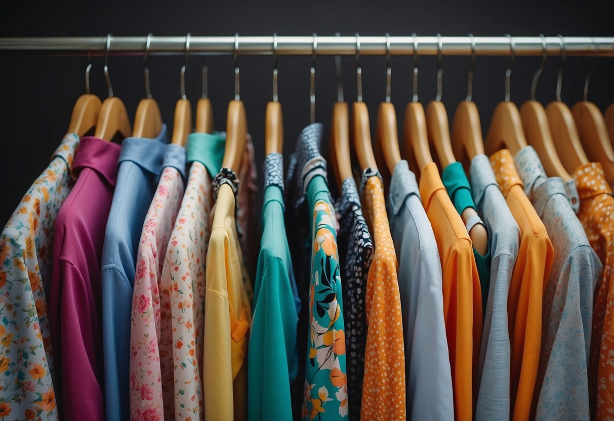 Bright, colorful tops and flowing blouses hang on a clothing rack, showcasing cute summer outfits that speak volumes with their vibrant patterns and playful designs