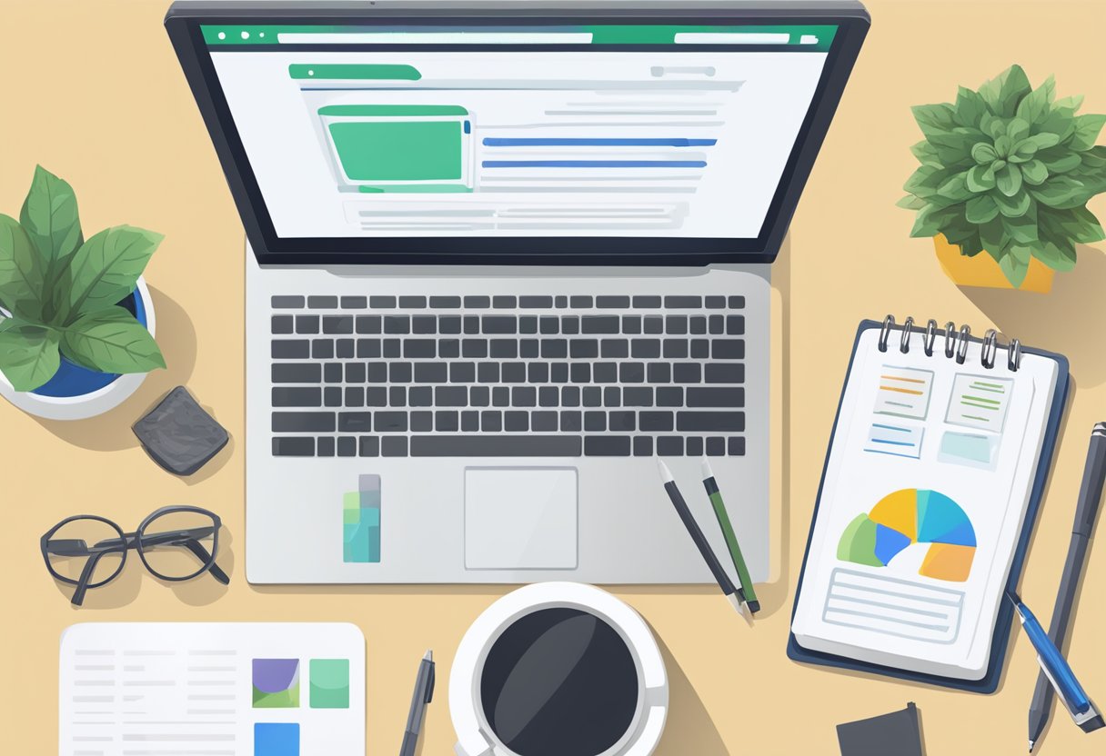A laptop open on a desk with a website displaying "Frequently Asked Questions How to Start a B2B Ecommerce Business". A notepad and pen sit next to it