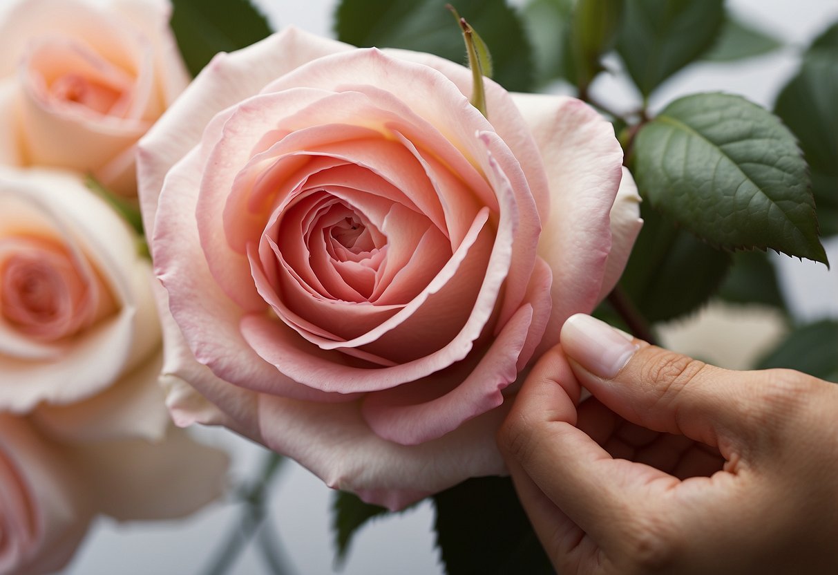 Een zachte hand die verzachtende crème aanbrengt op een delicate, roze roos, omgeven door zachte, kalmerende kleuren en natuurlijke elementen