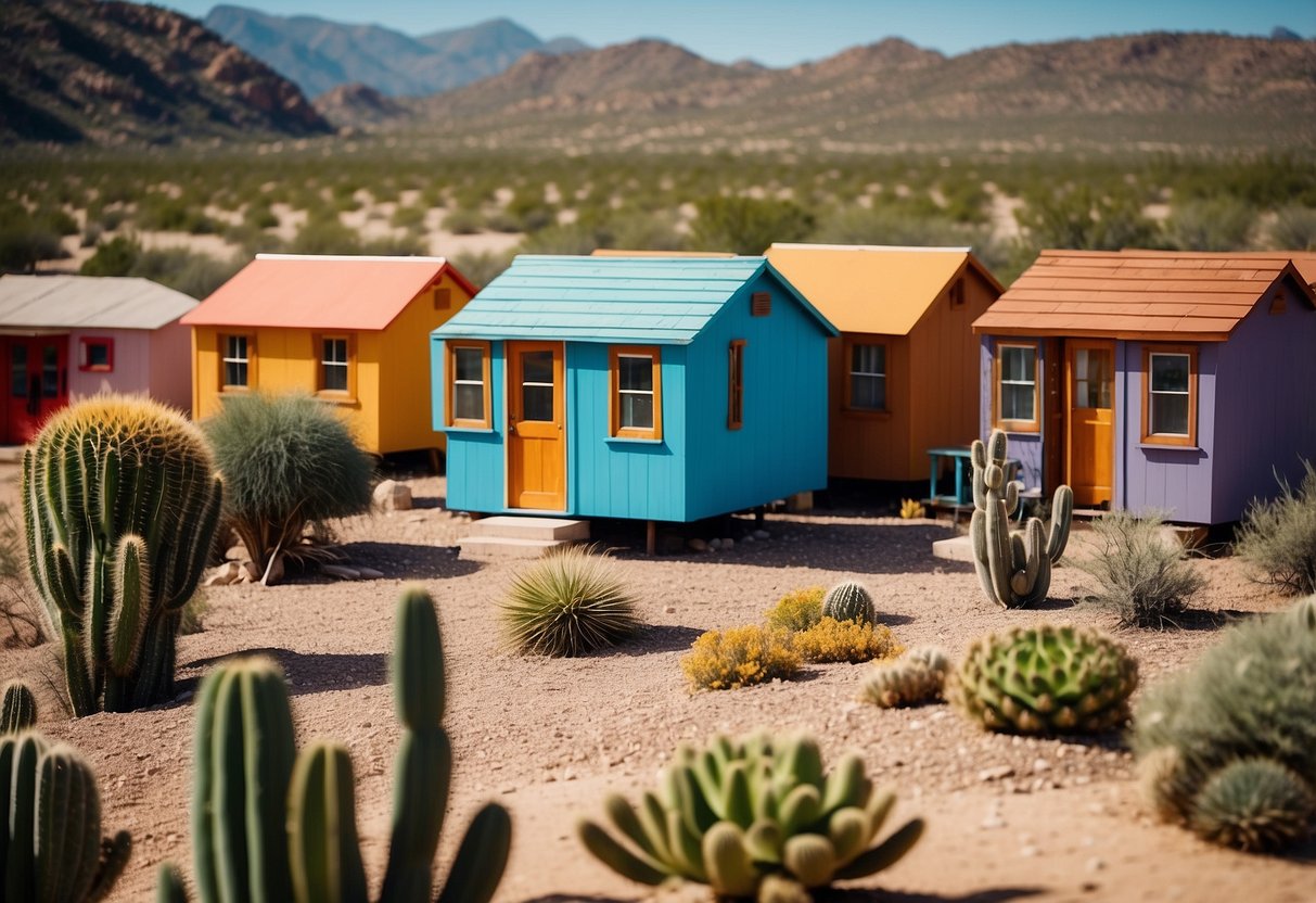 A cluster of colorful tiny homes nestled among the desert landscape of New Mexico, with adobe-style architecture and cacti gardens