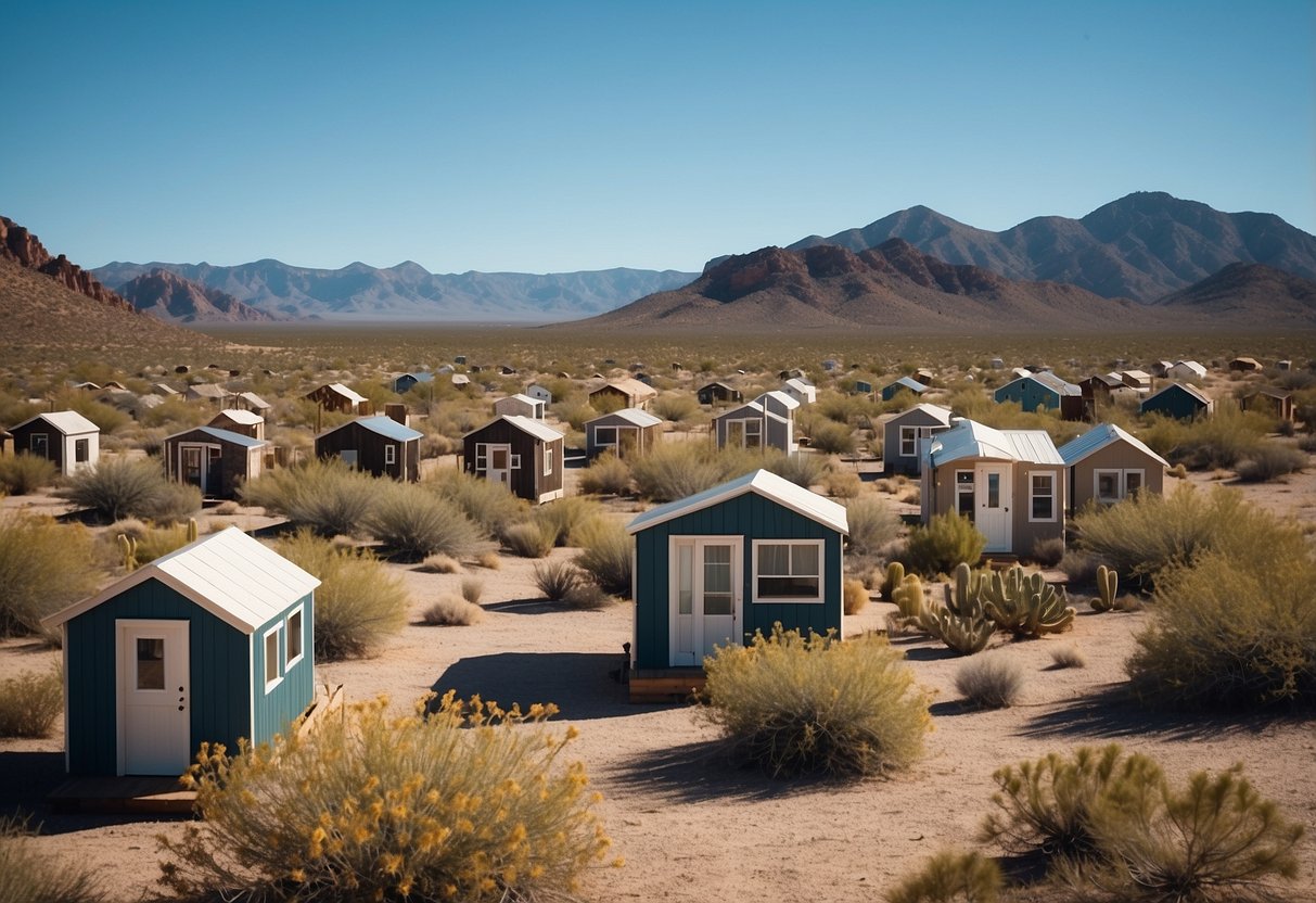 A cluster of tiny homes nestled in the New Mexico desert, surrounded by cacti and rugged mountains under a clear blue sky