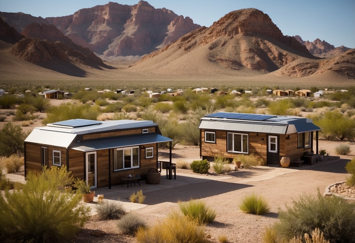 Tiny homes nestled among desert landscapes, with communal gardens and gathering areas. Residents enjoy a simple, sustainable lifestyle with shared amenities