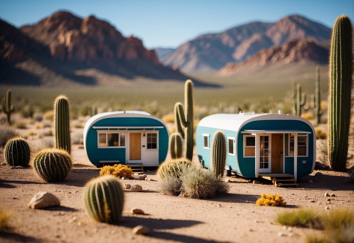 A cluster of tiny homes nestled in the New Mexico desert, surrounded by cacti and mountains under a clear blue sky