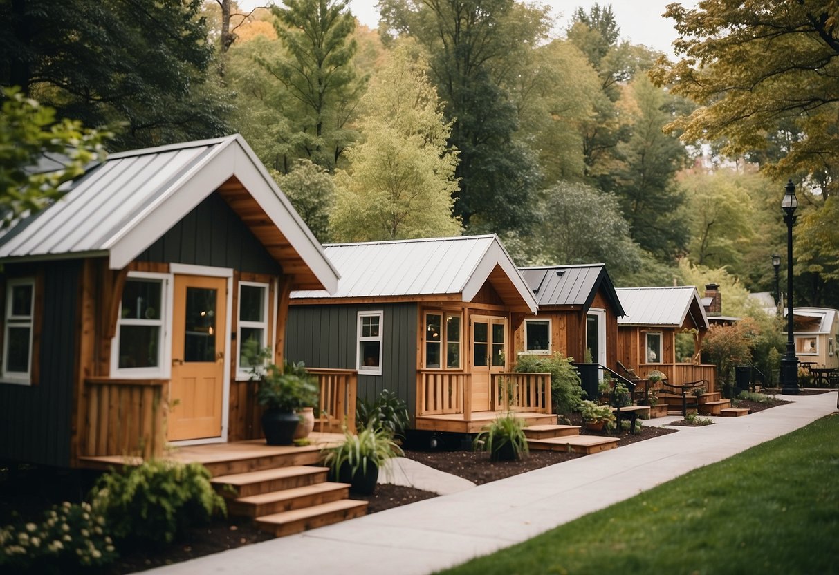 Tiny homes nestled among trees in a bustling New York community. A mix of modern and rustic designs, with communal spaces and gardens