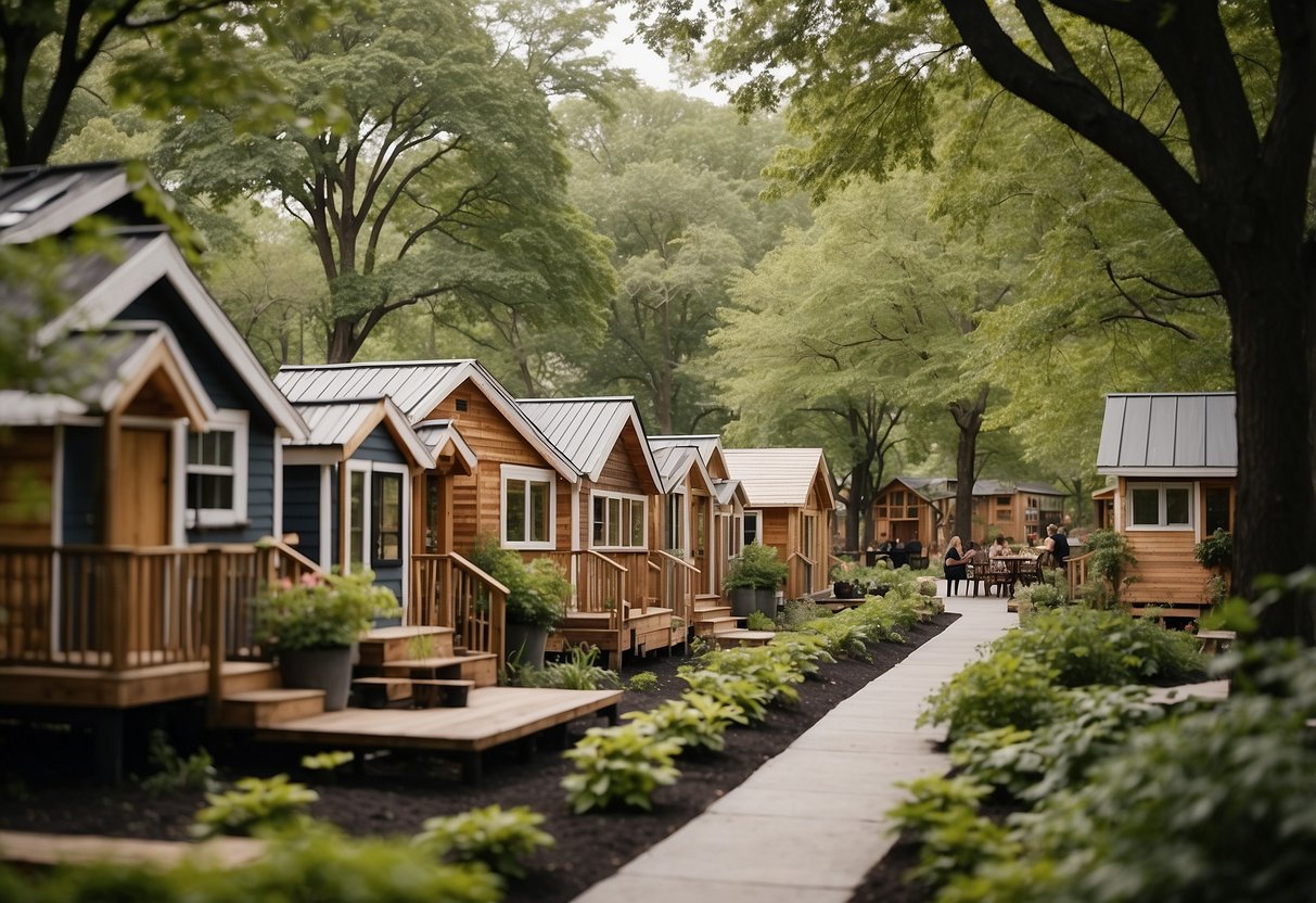 A cluster of tiny homes nestled among trees, with communal gardens and a central gathering space, showcasing a sense of community and sustainable living in New York