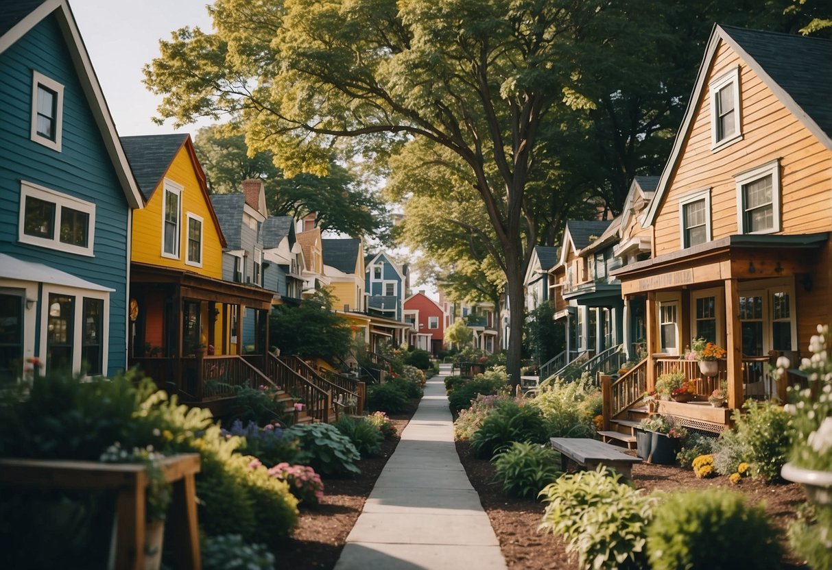 A bustling tiny home community in New York, with colorful houses and communal spaces, surrounded by greenery and friendly neighbors