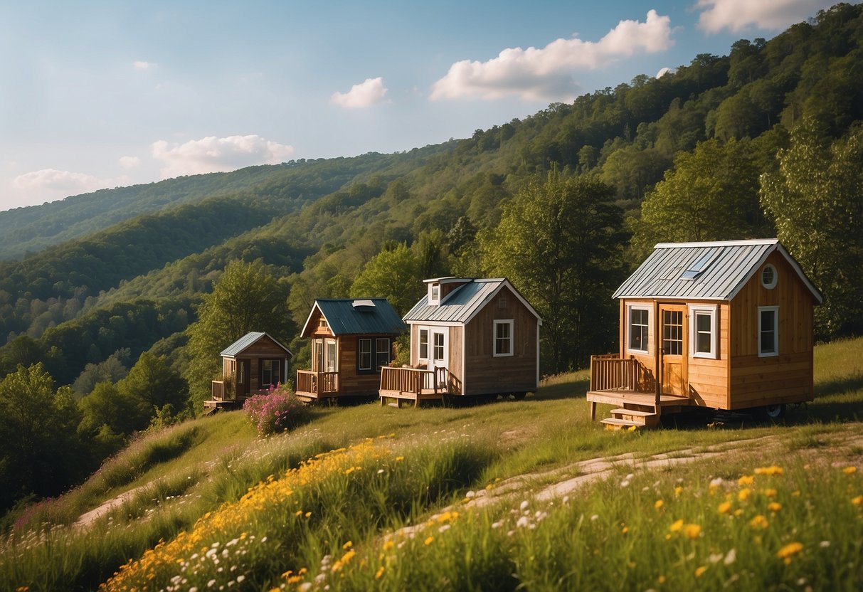 A cluster of cozy tiny homes nestled among the rolling hills of North Georgia, surrounded by lush greenery and blooming wildflowers