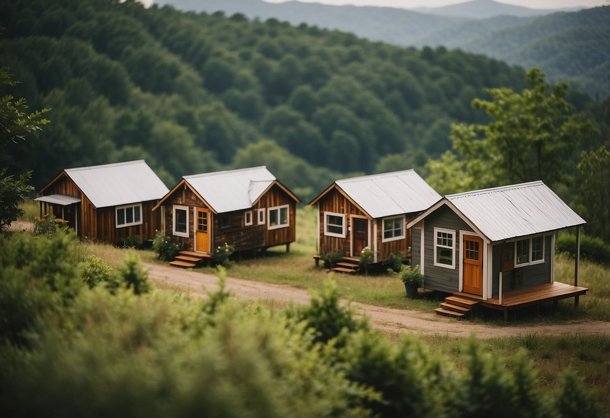 A cluster of tiny homes nestled in the rolling hills of North Georgia, surrounded by lush greenery and a serene, peaceful atmosphere