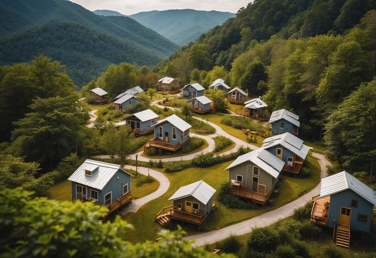 A cluster of tiny homes nestled in the lush mountains of North Georgia, with winding pathways and communal spaces for residents to gather