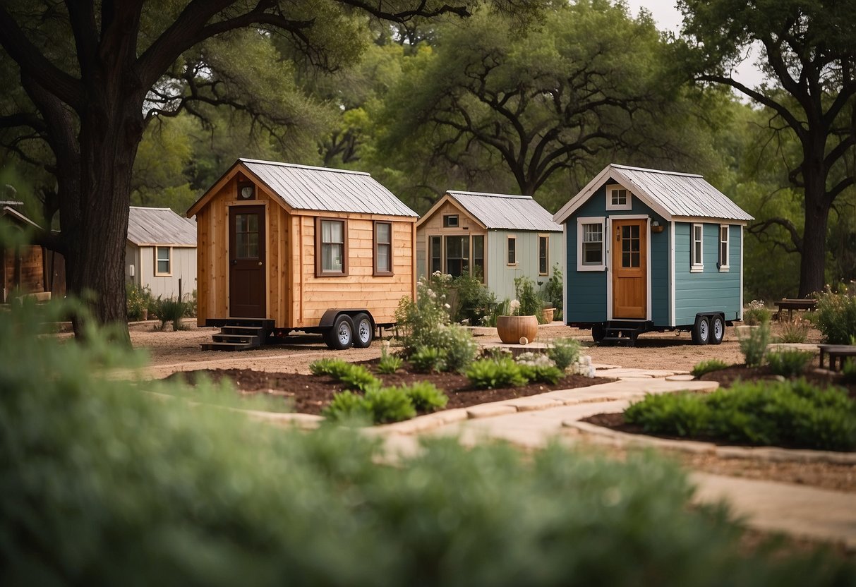 Tiny homes dot the landscape, nestled among trees and rolling hills in North Texas. Community gardens and shared spaces create a sense of connection and sustainability