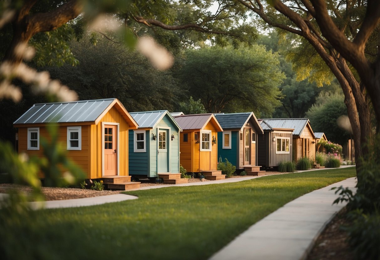 A diverse group of tiny homes nestled among lush greenery in a vibrant North Texas community. Each home is unique, with colorful exteriors and cozy outdoor living spaces