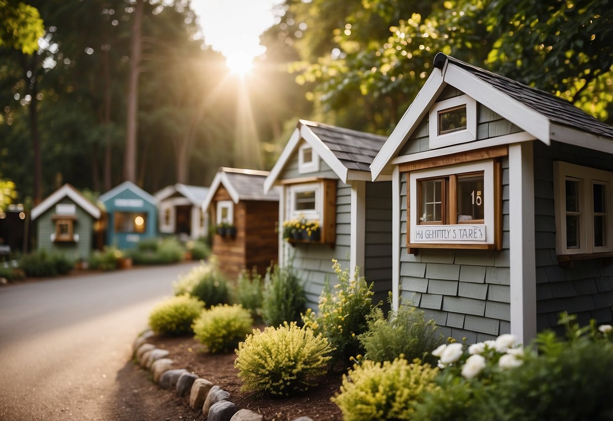 A cluster of tiny homes nestled among trees, with a central gathering area and communal garden. A sign displays "Frequently Asked Questions" about the community