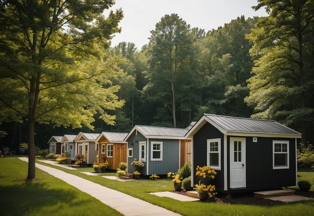 A cluster of cozy tiny homes nestled among lush trees in a serene Northern Virginia community