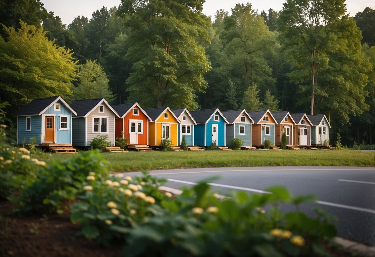 A row of colorful tiny homes nestled among lush green trees in a serene Northern Virginia community