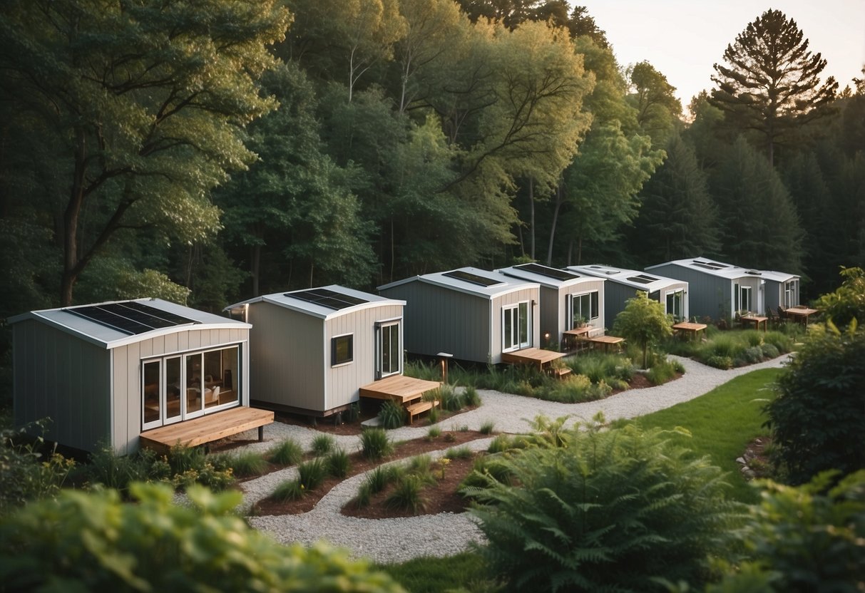 Tiny homes nestled in a wooded area, surrounded by lush greenery and winding pathways. Community center and shared outdoor spaces create a sense of connection and community