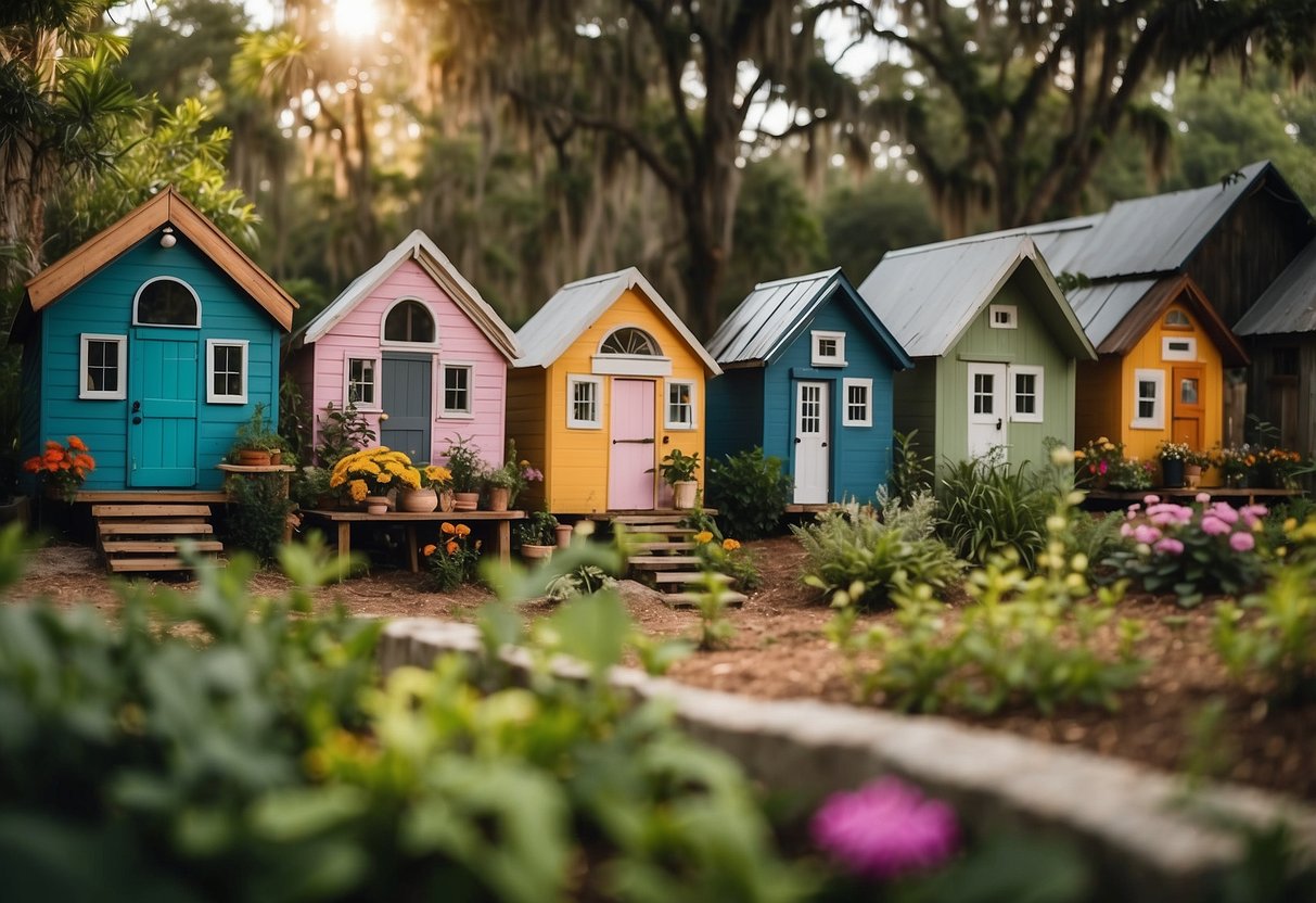 A cluster of colorful tiny homes nestled among lush greenery in Ocala, FL. Rustic wooden fences and community gardens add charm to the peaceful setting