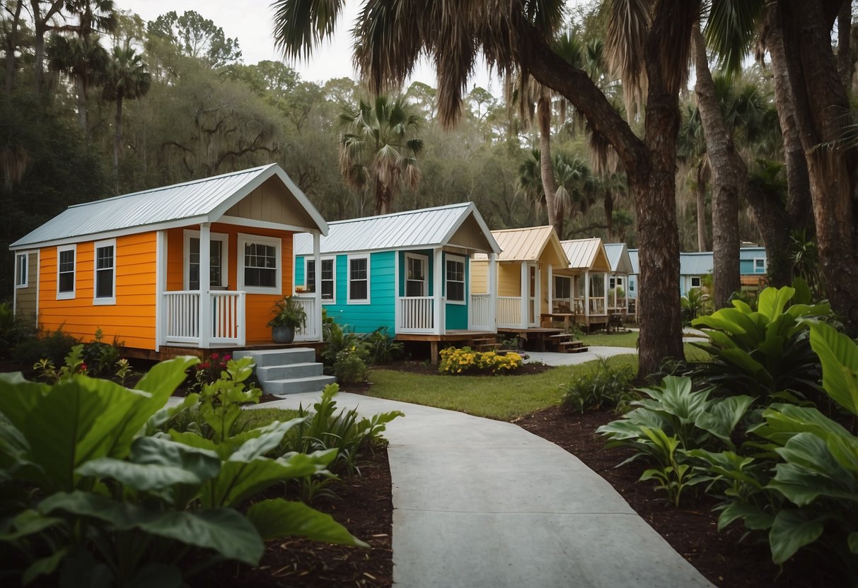 A group of tiny homes nestled among lush greenery in Ocala, FL. Each home is uniquely designed, with colorful exteriors and cozy outdoor spaces